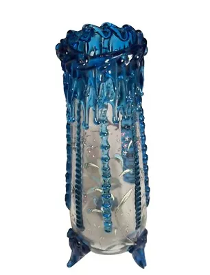 Moser Harrach Glass Vase Blue Rigaree Enamel Deco Bohemian Czechoslovakia • $525