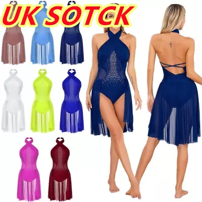 UK Women Lyrical Dance Costume Halter Neck Rhinestone Modern Contemporary Dress • £23.29