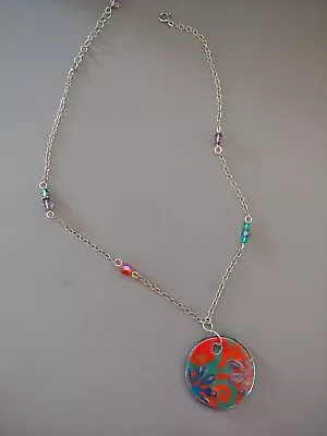 Vintage Unworn Old Stock Artisan Glass Necklace Sterling Silver Teal Red Flowers • $29.99