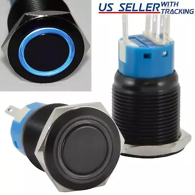 19mm 12V LED Momentary Push Button Black Metal Power Switch Blue • $8.99