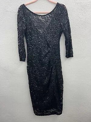 Womens Marina Black Long Sleeve Lace Sequin Ruched Sided Dress Size Small • $14.98