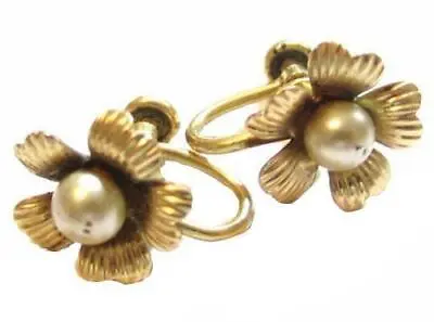 Antique Signed Van Dell 12K Gold Filled Flower And Faux Pearl SB Earrings • $24.95