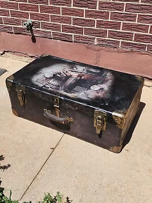 Antique Metal Trunk Suitcase Style. Redone. Black & Copper. Old Truck On Top.  • $60