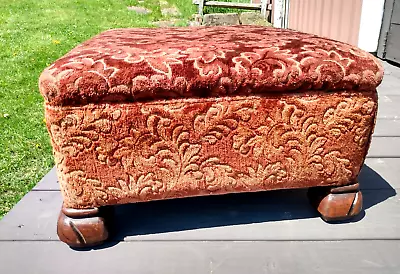 Antique Orange Upholstered Foot Stool Ottoman With Wooden Feet 1940s • $75