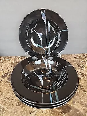 Set Of 4 Mikasa Opus Black 9 3/8  Wide Rim Soup Bowls FK701 Galleria Calla Lily • $39.99