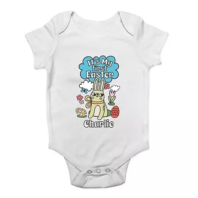 Personalised Its My First Easter Blue Baby Grow Vest Easter Bunny Cloud Bodysuit • £5.99