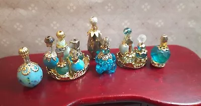 TURQUOISE ×× GOLD PERFUME Bottles DRESSER Set Vanity Trays Dollhouse Miniature  • $12.89