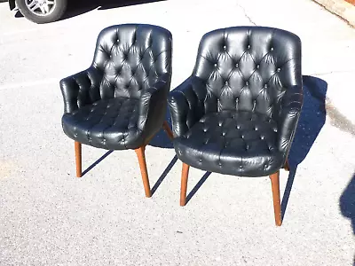 2 VINTAGE Mid Century Danish Modern Black Leather Tufted Chairs Jack Cartwright • $795