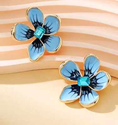 MARNI H&M  Blue  Crystal Drop  Flower Stud Earrings • $20.99