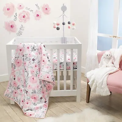 Blossom Pink Watercolor Floral 3-Piece Mini Crib Bedding Set • $112.17