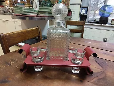 Vtg  MCM Barware Liquor Decanter And Shot Glass Metal Caddy Set  • $45