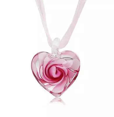 Necklace Jewelry Murano Glass Heart  Inlaid Pendant 28mm Ribbon  Flower Spiral • £4.46