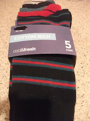 Ex M & S COTTON RICH COOL & FRESH 5 Prs. SOCKS STRIPES ON BLACK RED GREEN GREY • £8.99