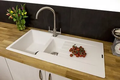 £120 • Buy Reginox Harlem 15 Kitchen Sink 1.5 Bowl Sink Pure White Granite Reversible Waste