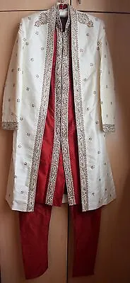 Asian Men Groom Wedding Suit Dress Indian Pakistani 3 Piece Set Cream Red • £229