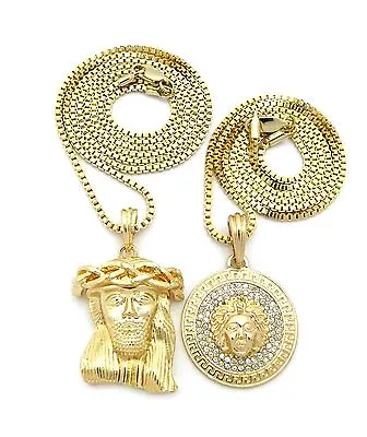 New Hip Hop Micro Pave Medusa & Jesus Pendant W/ Box Chain 2 Necklace Set RC1373 • $22.45