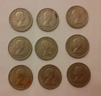 £6.99 • Buy 9 X Queen Elizabeth II Old Sixpence Coin 1954 1955 1956 1961 1962 1964 1966 1967
