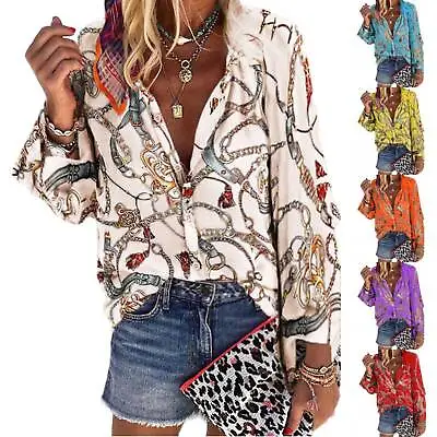 £11.79 • Buy Women V Neck Ladies Chain Print Shirts Long Sleeve Baggy Button Up Blouse Tops.