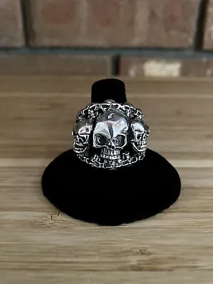 Mens TESTED Sterling Three Skulls Ring Mexico • $95