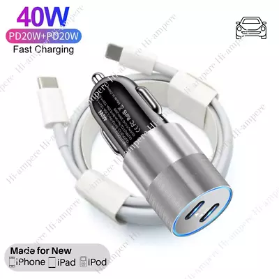 Dual Type C Fast Car Charger 40W Adapter PD Cable For IPhone 14 13 12 11 Pro Max • $12