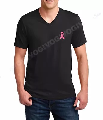 Men's V-neck Pink Ribbon #2 T-Shirt Fight Against Breast Cancer Tee Support Hope • $16.49