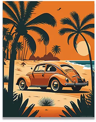 Orange Beetle Volkswagen Poster Vintage Beach Surf 11x14 Inches Unframed • $9.95