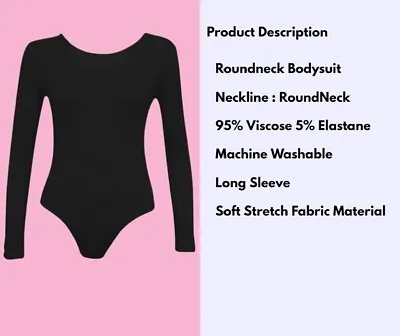 Womens Ladies Round Neck Bodysuit Leotard Long Sleeve Top Uk 8-26 • £4.99