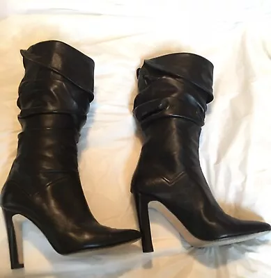 MANOLO BLAHNIK Black Leather Mid Slouch Boots Made In Italy Sz 35.5 • $107