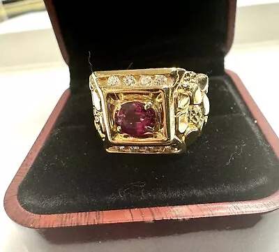 Nugget RED RUBY & DIAMOND  Large Men   RING 14K GOLD  SIZE 9.5 • $2295