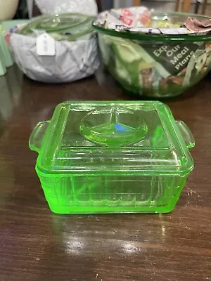 Vintage Hazel Atlas Green Uranium (Vaseline) Glass Refrigerator Dish • $36