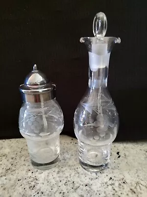 Vintage Cut Glass Cruet Set W/Flip-top Lid & Glass Stopper. 6  & 8  Tall • $24.49