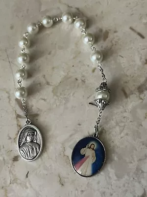 Handmade White Glass Pearl St Faustina/Divine Mercy One-decade Pocket Rosary • $10