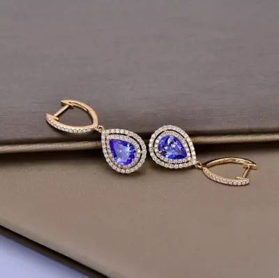 3Ct Pear Cut Lab-Created Tanzanite Dangle Earrings 14K Yellow Gold Silver Plated • $89.99