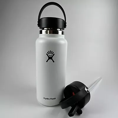 Hydro Flask 32 Oz Wide Mouth Water Bottle With Flex Cap And Flex Straw Cap White • $25.98