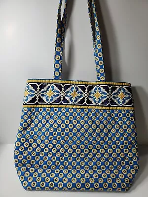 Vera Bradley Tote Handbag Large RIVIERA BLUE Blue Yellow Cotton Quilted Purse • $22.99