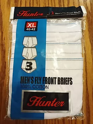 Vtg 3pk The Hunter White Cotton Briefs Men’s Sz XL 40-42 Blue Grey Stripe SEALED • $8