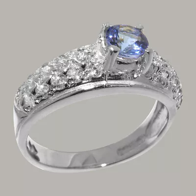 Solid 9k White Gold Natural Tanzanite & Diamond Womens Band Ring - Sizes J To Z • £859