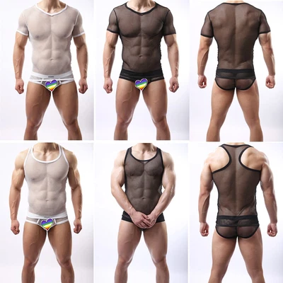 £6.95 • Buy Mens Mesh See Through Tank Top Short Sleeve T-shirt Bikini Briefs Sports Vest 