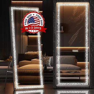 Espejo De Piso Longitud Pie Negro Hollywood Con Luces LED Grande Para Cuarto New • $227.87