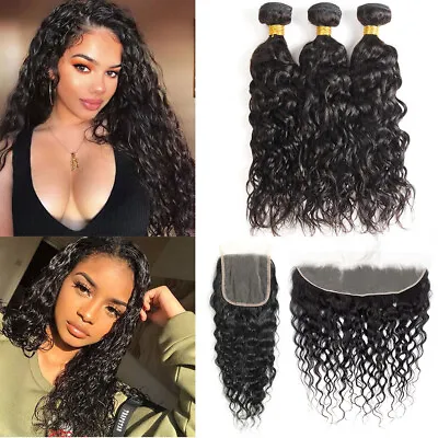 Human Hair Water Wave Bundles With Lace Closure Remy Virgin Hair Lace Frontal • £153.54