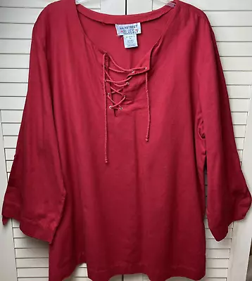 Women's Linen Shirt Top Blouse 1X Red Tunic Mainstreet Blues 3/4 Sleeve Roll Tab • $14.95