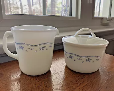 Signed PYREX  MORNING BLUE  & WHITE Creamer & Sugar Set W/Lid • $12.99