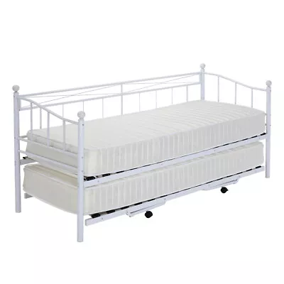 French Single Metal Day Bed Frame Sofabed + Pull Out Trundle & Sprung Mattress • £108