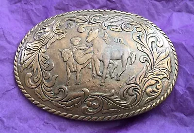 Vintage Rustic Bronze Copper Tone Steer Wresting Bull Dogging Cowboy Belt Buckle • $27.50