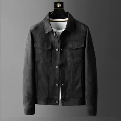 Men Faux Suede Leather Jacket Coat Button Classic Trucker Tops Casual Retro • $36.85