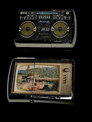 2 PCs Windproof Oil Lighters Boom Box And Television Vintage Designs Great Gift  • $28.45