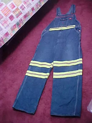 DICKIES OVERALLS Blue Denim Safety Reflective Stripes 42 X 32 (actual 40 X32) • $14.95