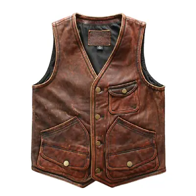 Men's Leather Riding Cowhide Vest Vintage Brown Trucker Distressed Vest Jacket • $26.99