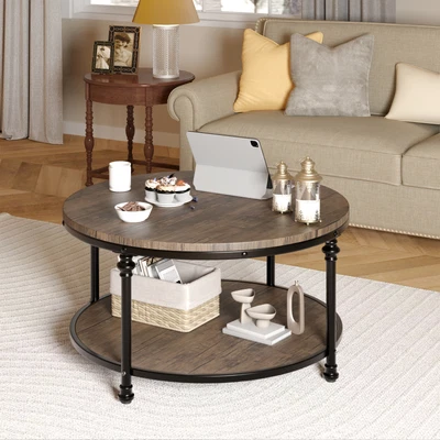 $112.79 • Buy 30 In Round Coffee Table 2-Tier Living Room Table W/ Storage Shelf Light Walnut
