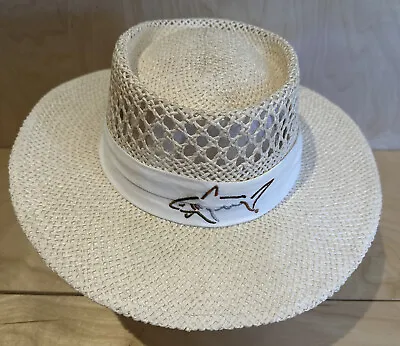Vintage GREG NORMAN Beige STRAW HAT The Shark Band Adult One Size Golf Outdoor • $19.99